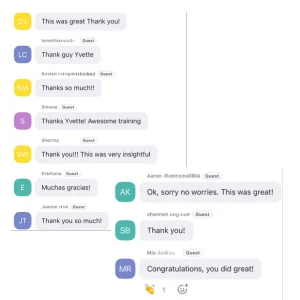 Attendees thanking Yvette in the training chat: "This was great, thank you!", "Thanks Yvette! Awesome training", "This was very insightful"