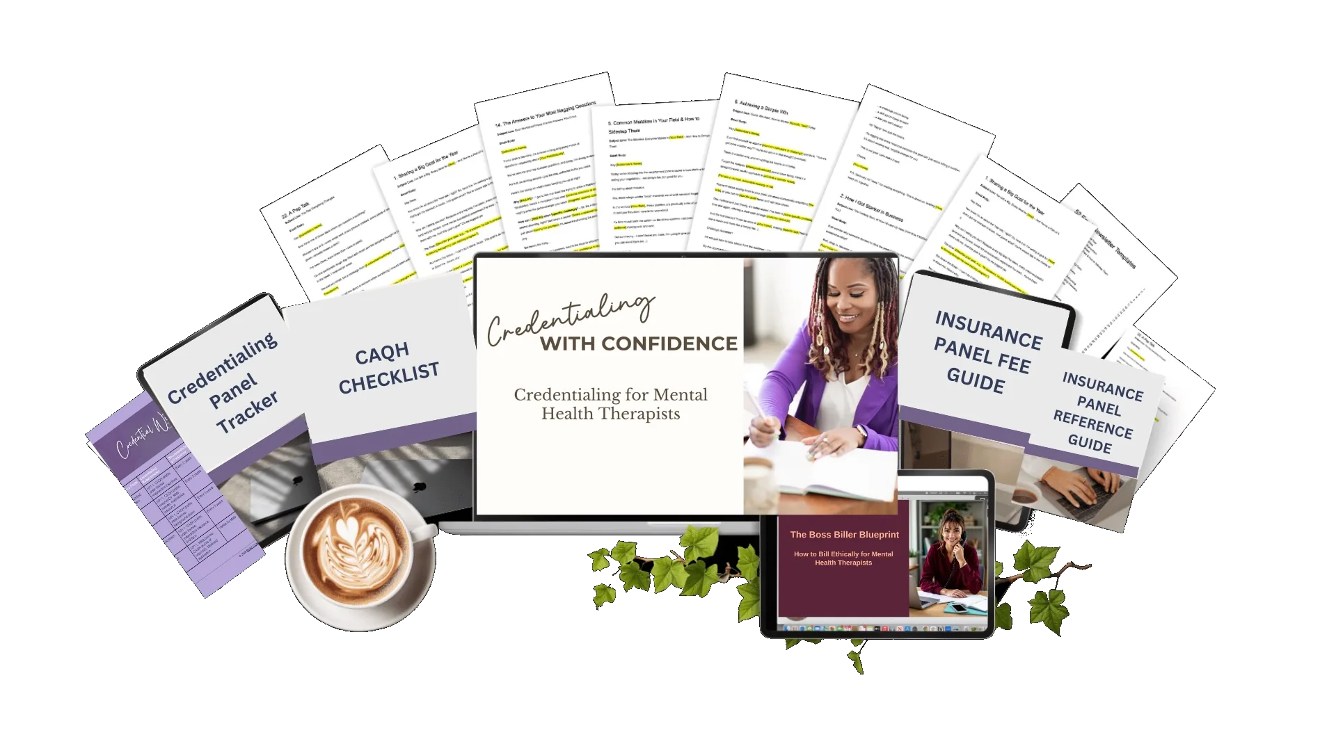The full bundle laid out: a laptop showing the “Credentialing with Confidence” title slide beside a photograph of a therapist writing at her desk, a tablet playing “The Boss Biller Blueprint”, cards labelled Credentialing Panel Tracker, CAQH Checklist, Insurance Panel Fee Guide and Insurance Panel Reference Guide, a fan of printed worksheet pages and a cup of coffee